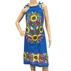 Authentic Mexican Floral Halter Dress Embroidered Mexican Fiesta Boho Hippie M